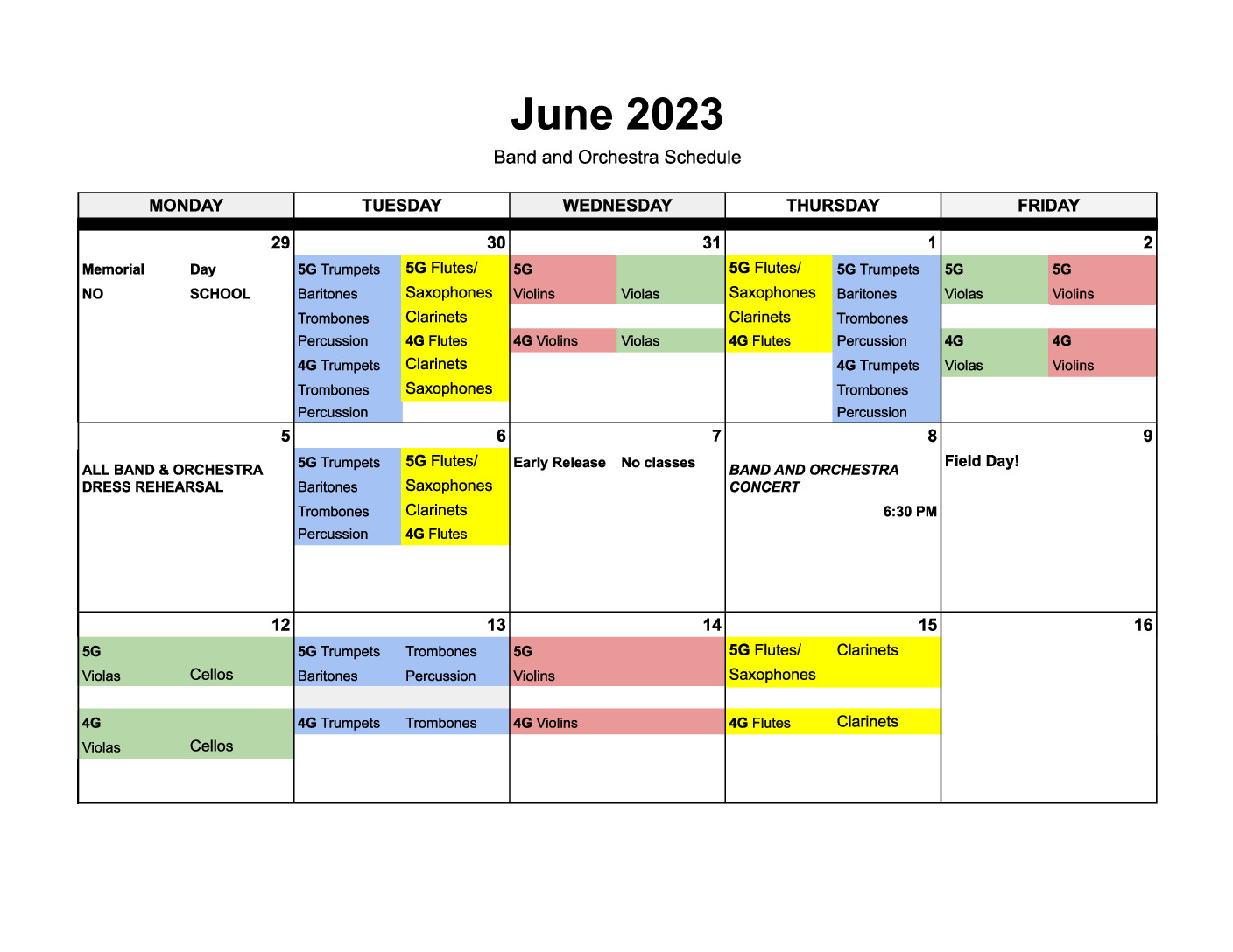 JuneBandCalendar Escuela Key