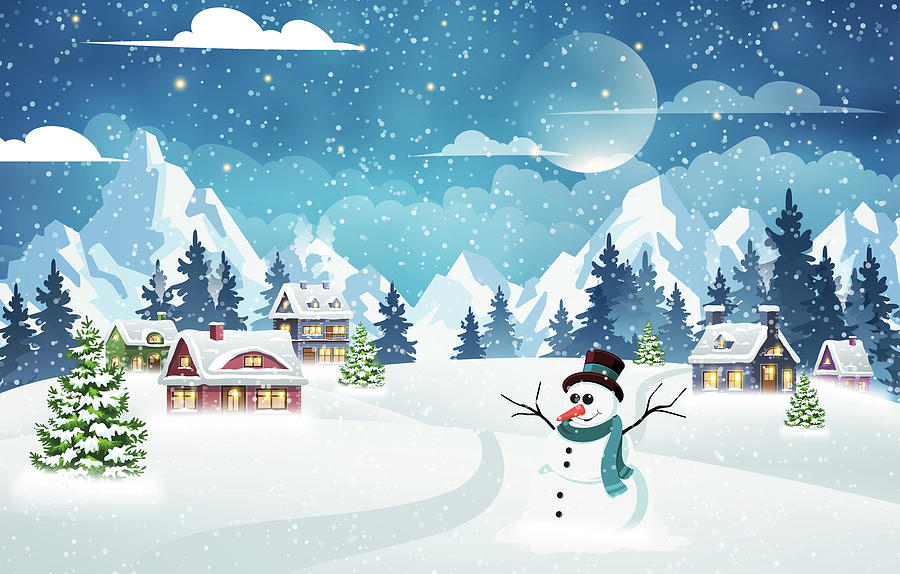winter scene with town and snowman