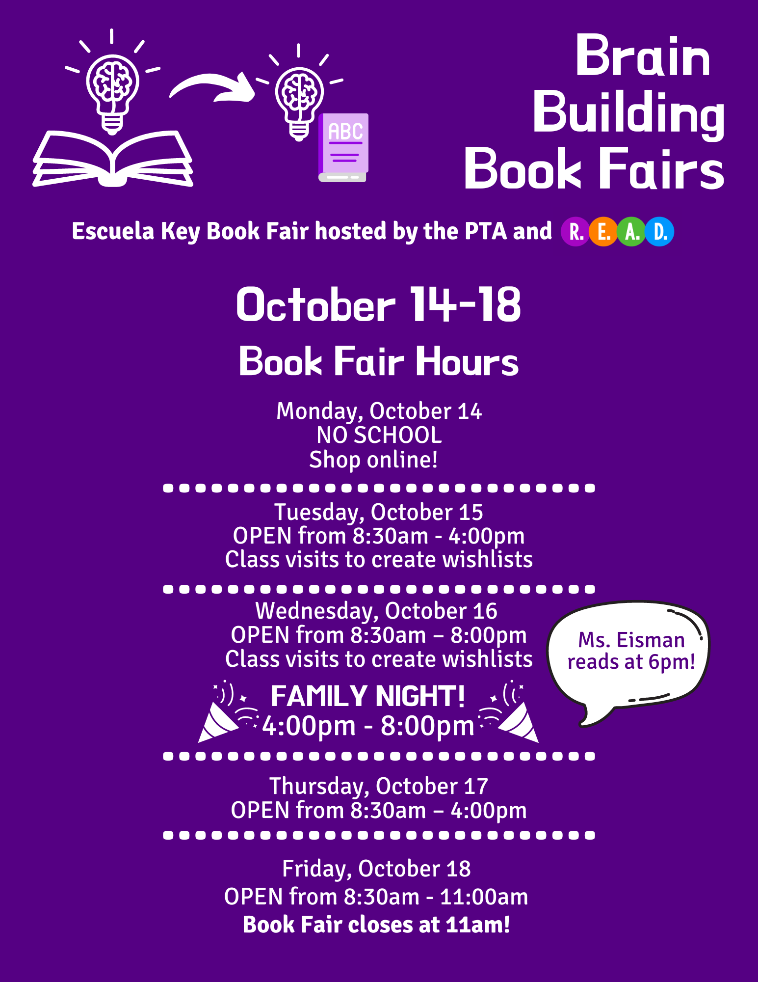 purple flier with dates for book fair