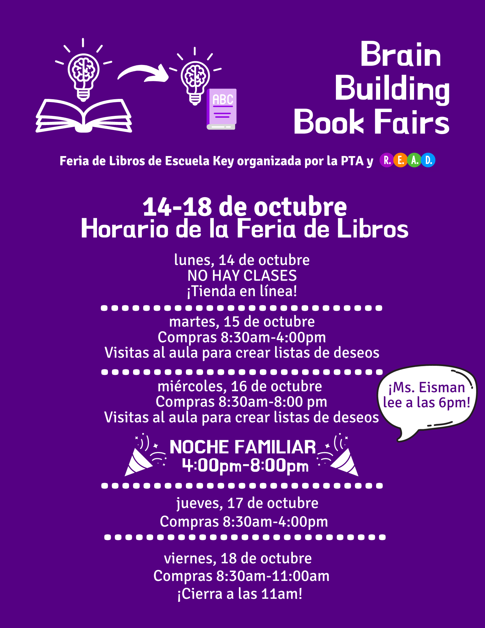 purple flier with book fair dates in Spanish 