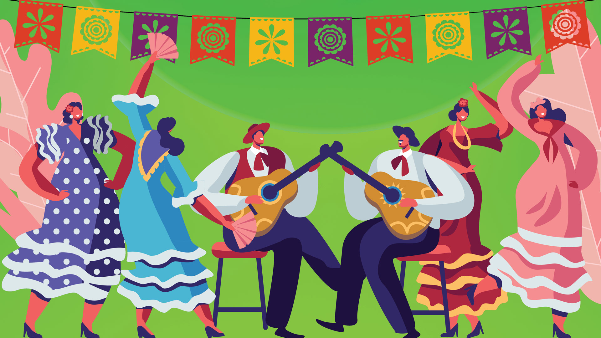 women dancing men playing guitar banners overhead